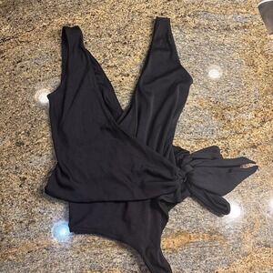 NBD Black Bodysuit – Deep V Front, Wrap Design, Sleeveless – Size Large